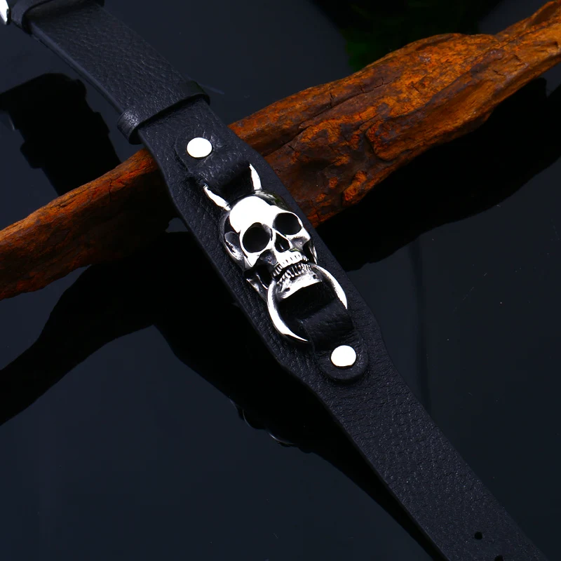 Beier 316L stainless steel Punk Skull Adjustable High Quality Leather Men\'s Bracelet Party Biker Fashion Jewelry