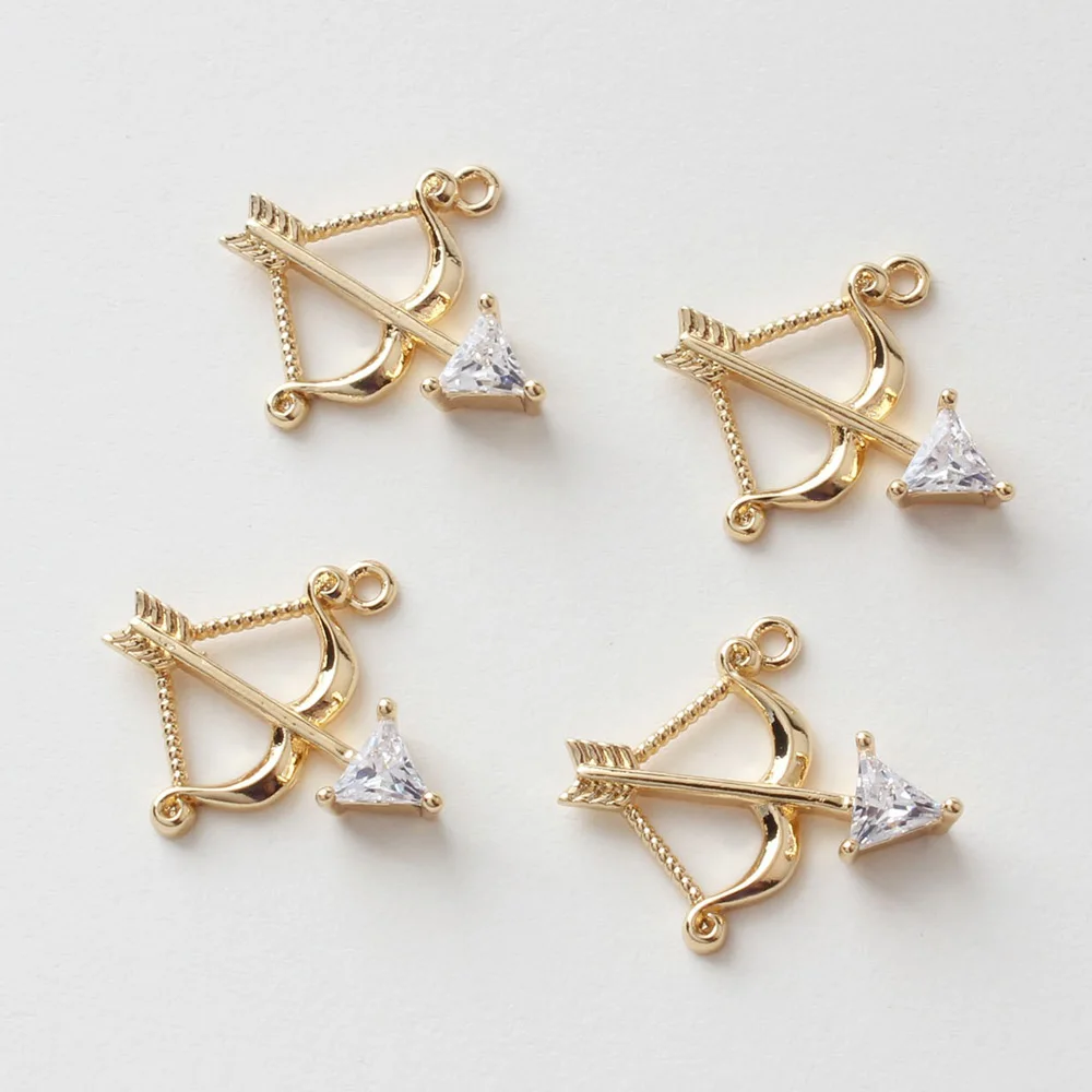 2PCS 14k Gold Plated Bow and Arrow Pendant Findings with Zircon Diy Earrings Charms Supplies Hand Made Brass Accessories