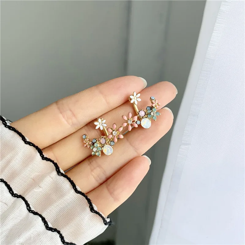 New Korean Hot Fashion Jewelry Fresh Cute Hook Drop Oil Flower Stud Earrings Crystal Earring For Women Party Jewelry Gift