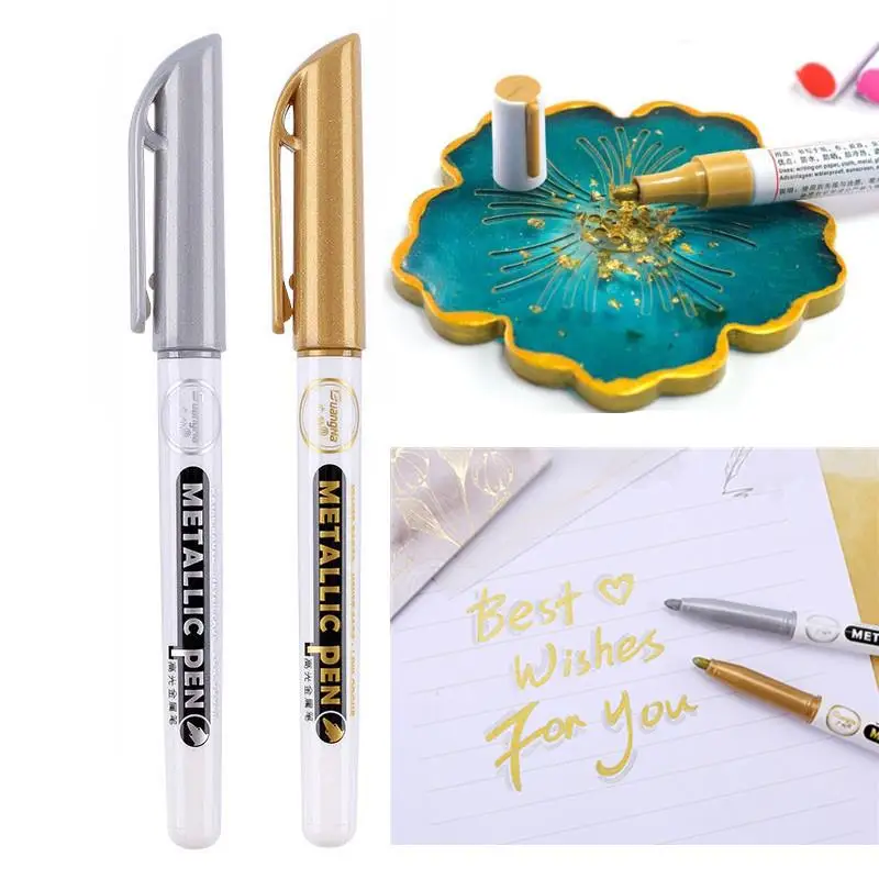 1/2Pcs Gold Silver Metallic Pen Resin Drawing Pen Acrylic Paint Highlights Permanent Marker for DIY Epoxy Resin Craft Handmade