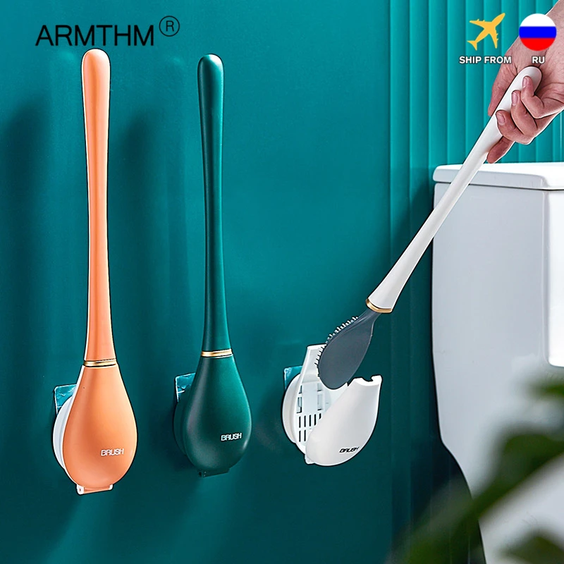 Wall-Mounted Silicone Toilet Brush Cleaning Brush with Holder Bathroom Automatic Opening and Closing No Dead Corner Wash Brush