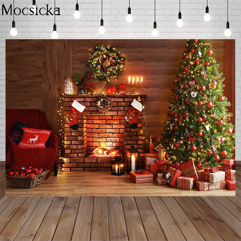 ต้นคริสต์มาสเตาผิงการถ่ายภาพพื้นหลังไม้บ้านครอบครัว Decor แบนเนอร์ฉากหลังของขวัญถุงเท้า Photo Studio