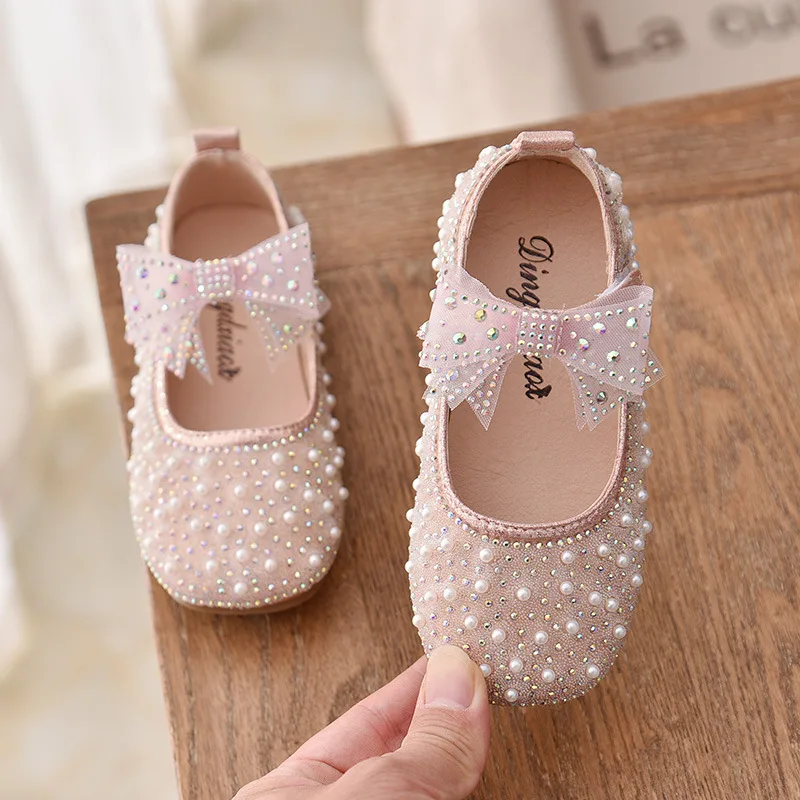 New Girls Single Princess Shoes Pearl Shallow Children\'s Flat Shose Kid Baby Bowknot Shoes 2022 Spring Autumn B207