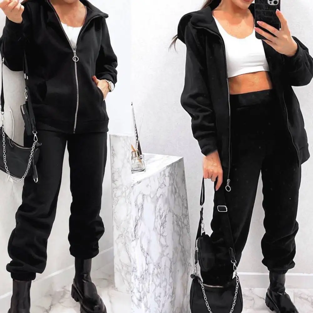 1 Set Sporty Outfit Hooded Keep Warmth Women Hoodie Suit Polyester Tracksuit Thick All Match Hoodie Pants Set for Daily Wear