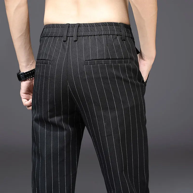 High Quality Men Pants Black Vertical Striped Suit Pants Autumn Mens Classic Business Elastic Waist Slim Plaid Casual Trousers