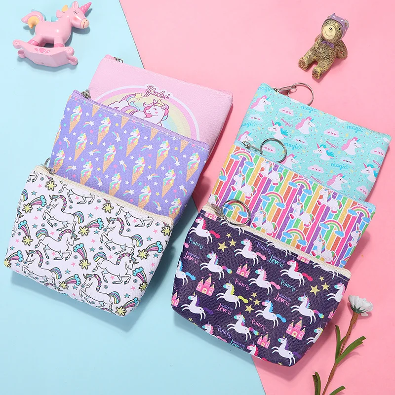 Women Girl Unicorn Printing Mini Portable Bags Fashion PU Coin Purse Card Holder Wallet Key Zipper Pouch Make up Cartoon Bag