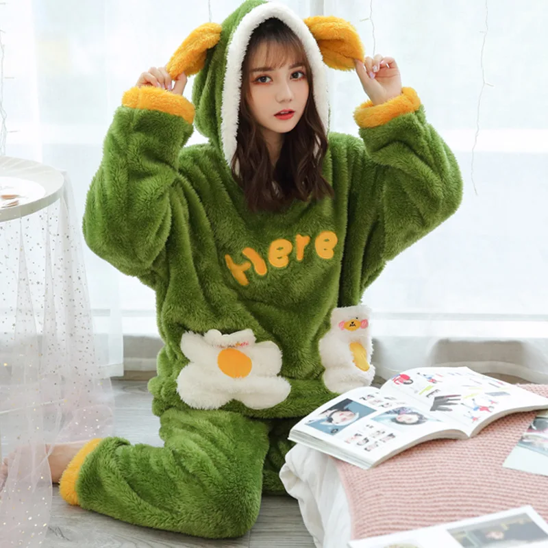 2 Pcs Winter Women Pajamas Sets Sleepwear Long Sleeves Warm Pajama Soft Sleep Suits Pyjamas Cute Animal Female Homewear