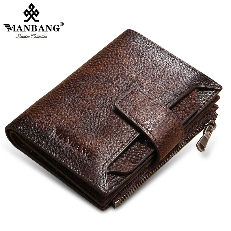 ManBang 2022 New 100% Genuine Leather Men Wallet Coin Purse Small Card Holder  Male Wallet Pocket Short Wallet