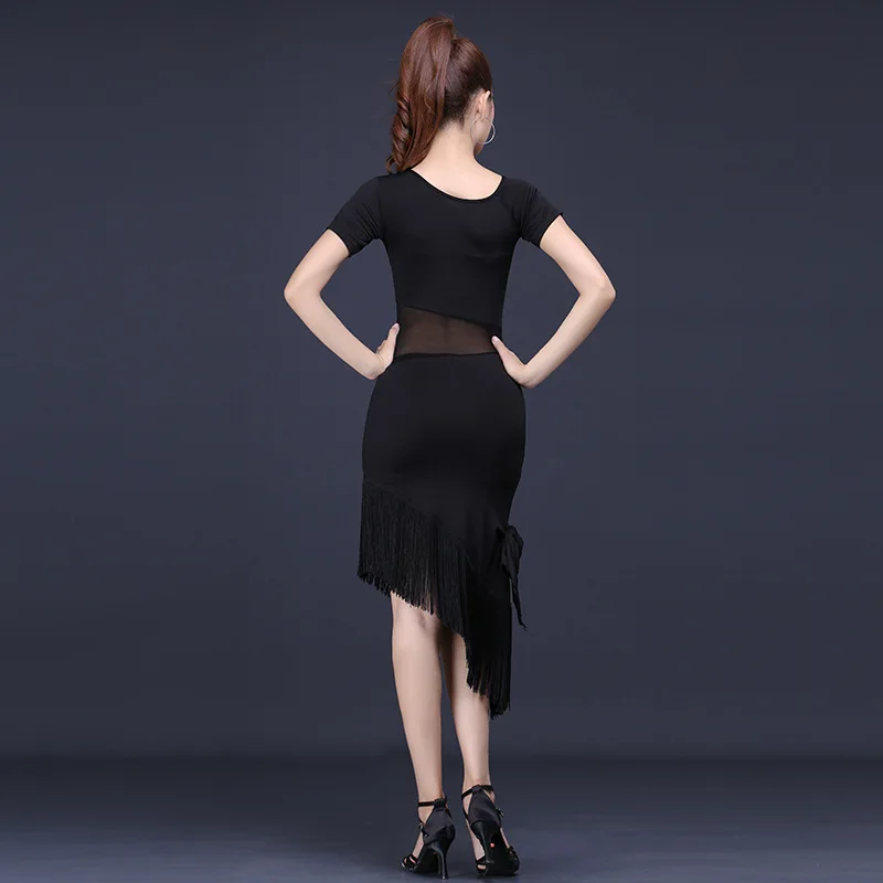 Latin Dance Dress Female Adult Performing Ballroom Tango Cha Cha Latin Dance Dresses New Short Sleeve Tassel Skirt Dance Dress