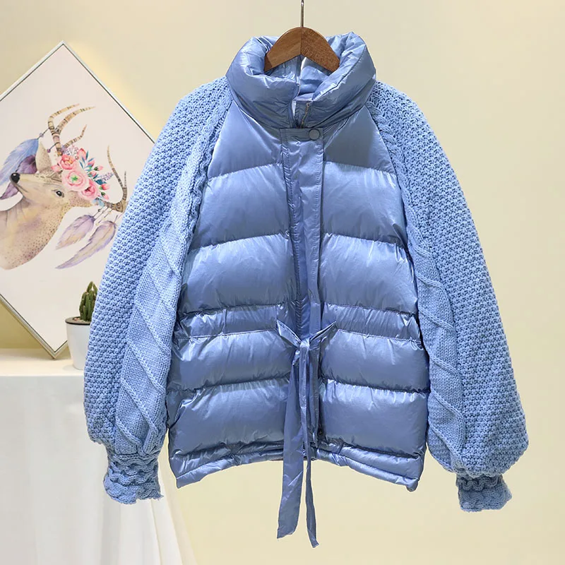 2024 Winter Fashion Knitted Lantern Sleeve Coat Women Down Cotton Jacket Casual Stand Collar Windproof Warm Female Loose Outwear