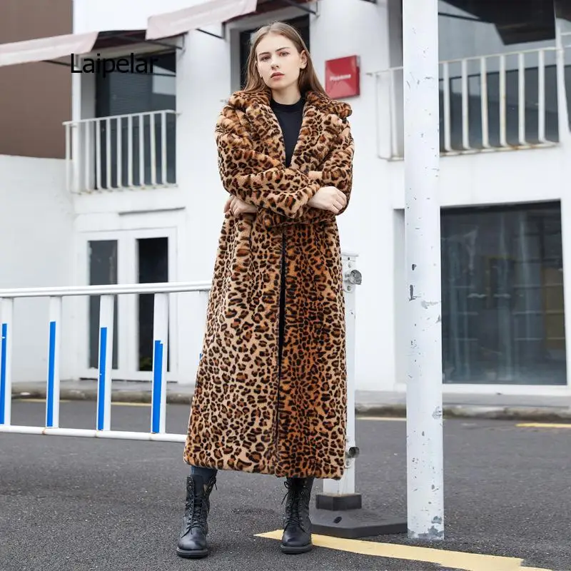 Womens Leopard Faux Furry Coats Overcoat X-Long Parks Outwear Mixed Colors Warm Winter  Thick New