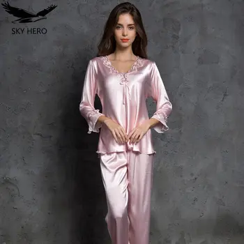 Rosa frauen Pyjamas Sets Emulation Seide Gestreiften Pyjama Frauen Nachtwäsche Sets Weibliche Frühling Sommer Herbst Frau Homewear