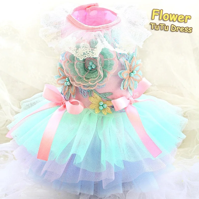 Handmade Fresh Design Dog Clothes Pet Dress Princess 3D Embroidered Pearl Lace Collar Tutu Cat Costume Candy Color Cute Apparel