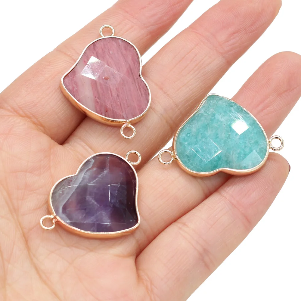 Heart Shape Natural Stone Charms Connectors Pendants Amazonite Amethys Double Hole Jewelry Making DIY Necklace Bracelet 22x32mm