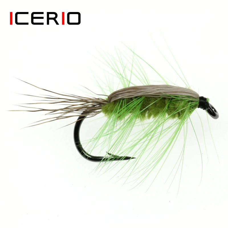 ICERIO 8PCS Green Body Woolly Worm Brown Caddis Nymph Fly Deer Hair Beetle Trout Fly Fishing fly Bait #6