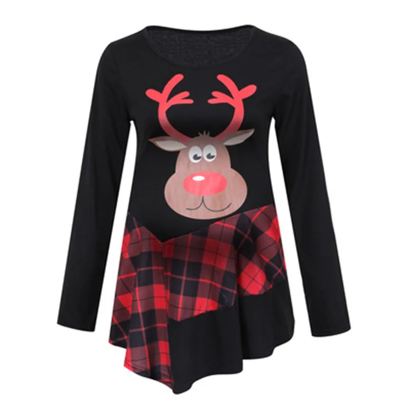 2Xl Maternity Clothes T-Shirt Plus Size Long-Sleeved Round Neck Christmas Theme Elk Top Clothes for Pregnant Women Casual Top