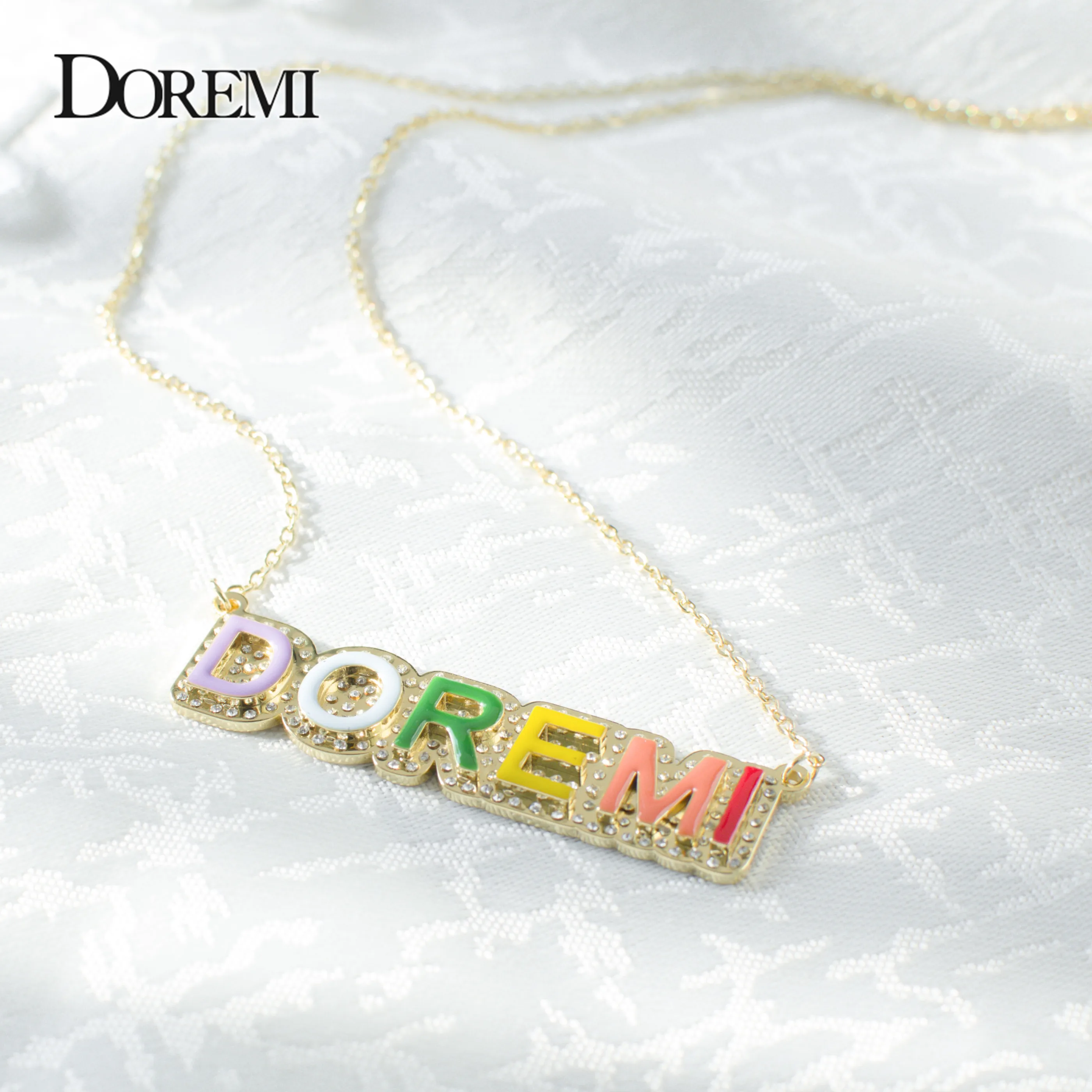 DOREMI Stainless Colorful Enamel Name Necklace Iced Out Chain for Women Personalized Custom Name Necklace Pendant Necklace Gift
