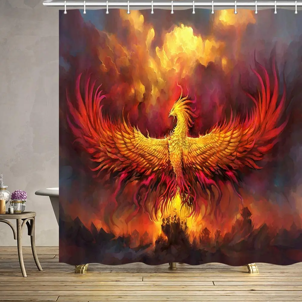 Fantasy Phoenix Red Fire Burning Rising Phoenix Mystic Animal Bird Accessories Bath Curtains