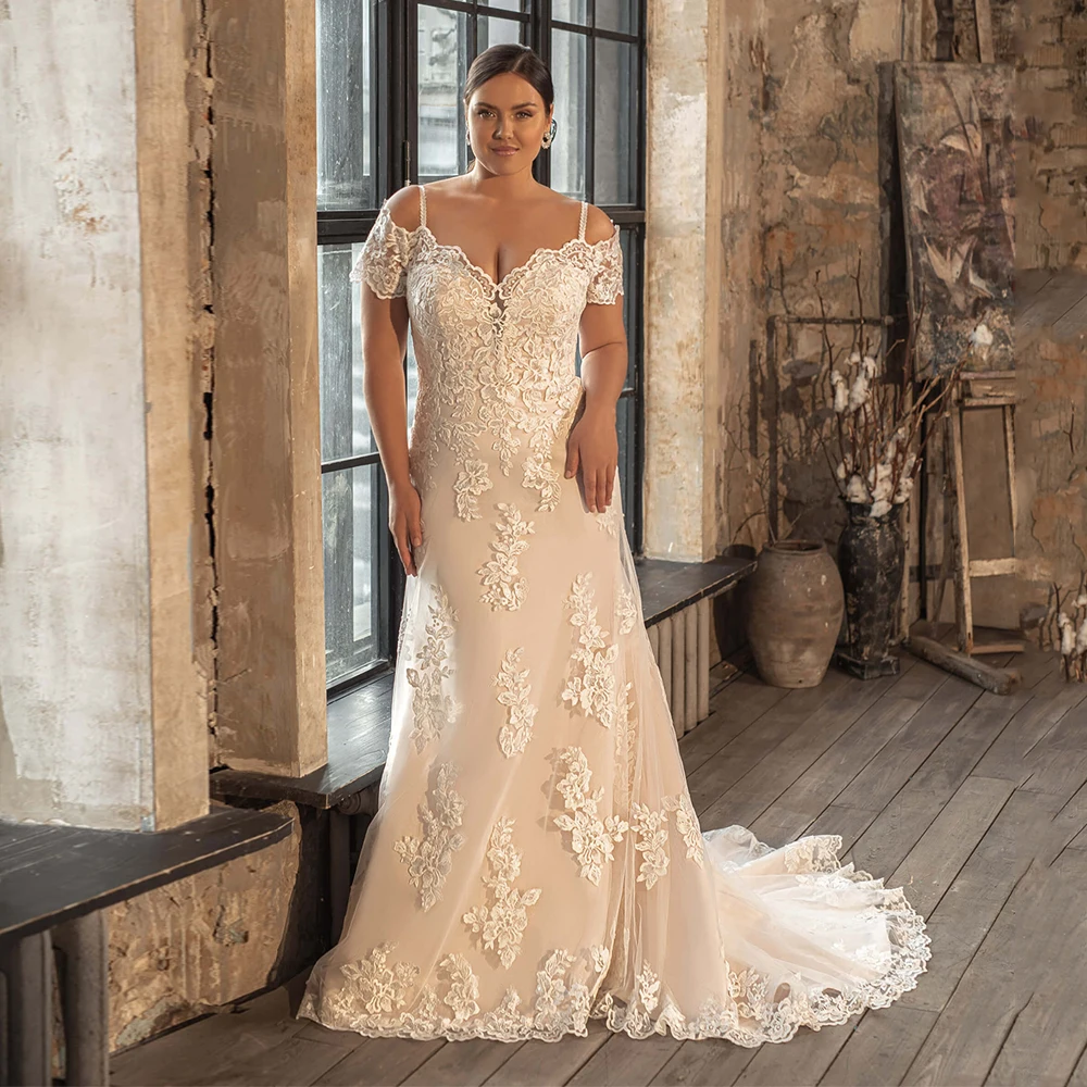 2022 vestidos de casamento tamanhos grandes elegante fora do ombro com decote em v laço delicado applique varredura trem sereia vestidos de noiva