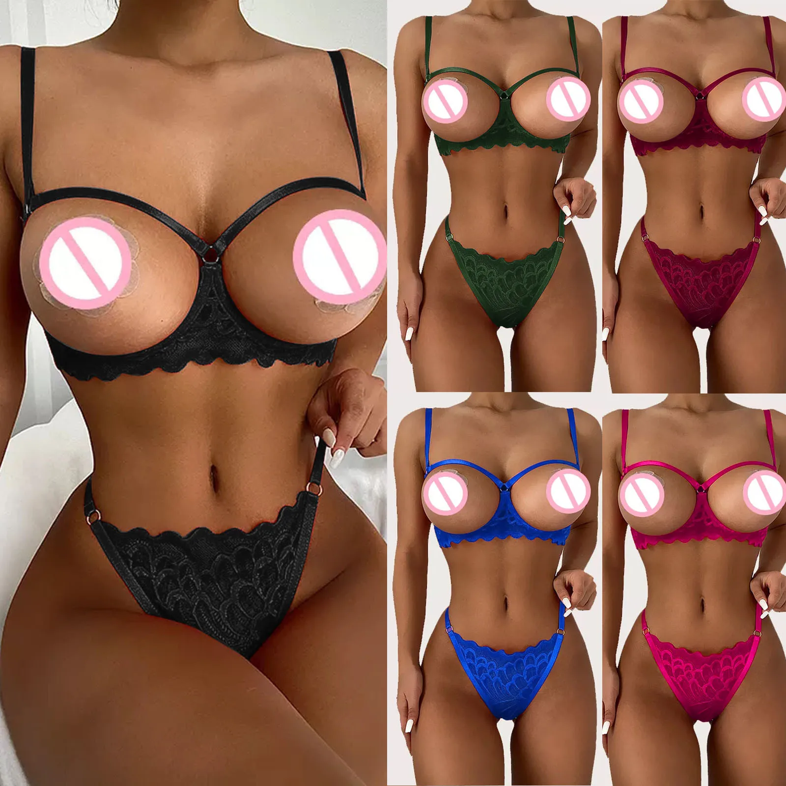 Conjunto de Sujetador de encaje Sexy para mujer, conjunto de lencería, ropa interior Sensual, ahuecado, erótico, recortado, sujetador sin Copa,