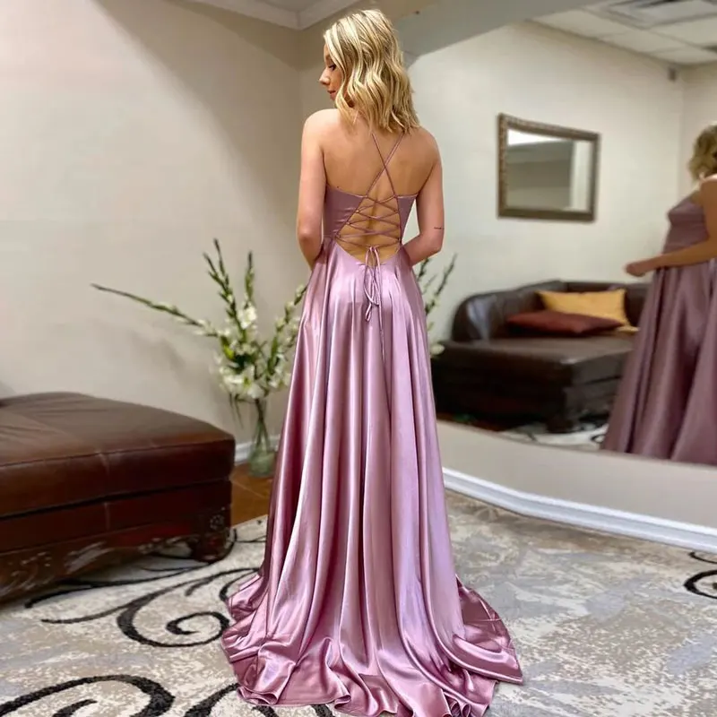 Long Prom Dress V Neck Lace Up Back Spaghetti Strap Satin A Line Split Evening Gowns Robe De Soirée De Mariage