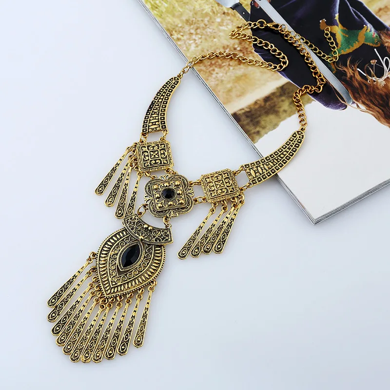 Vintage Tassel Statement Necklaces for Women Boho Ethnic Geometric Crystal Gold Silver Color Charm Femme Necklaces Jewelry