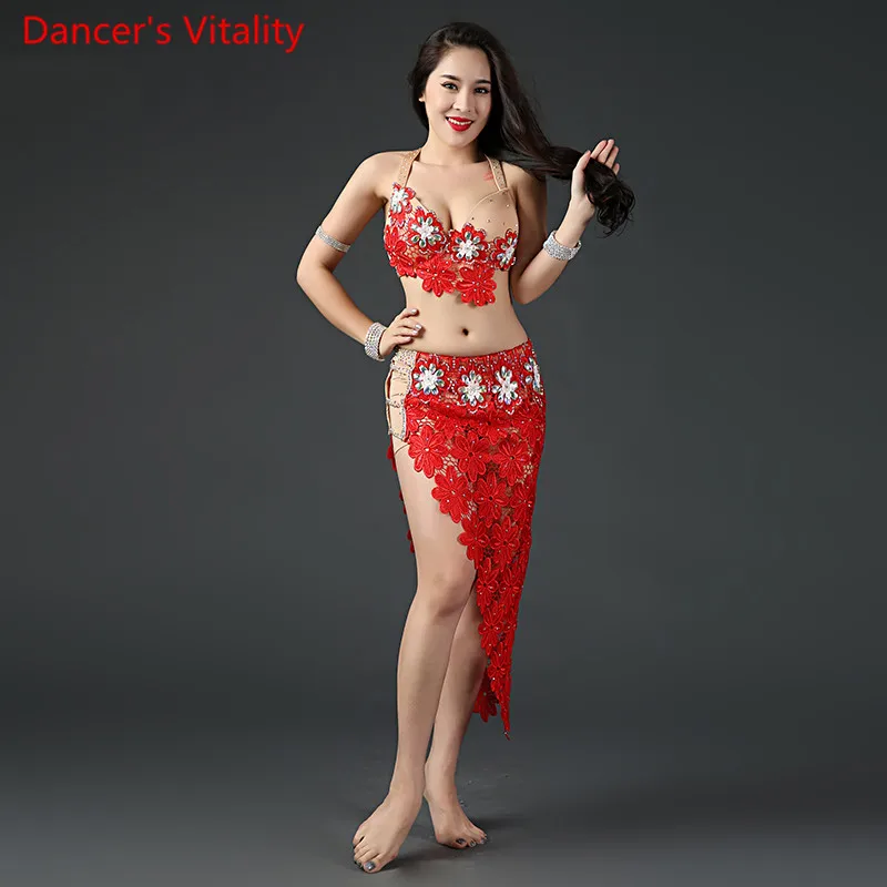 Women Belly Dance Dancewear Belly Dancing Clothes Oriental Dance Outfits Bra+Lace Short Skirt+Long Skirt+Underpants 4PCS Set