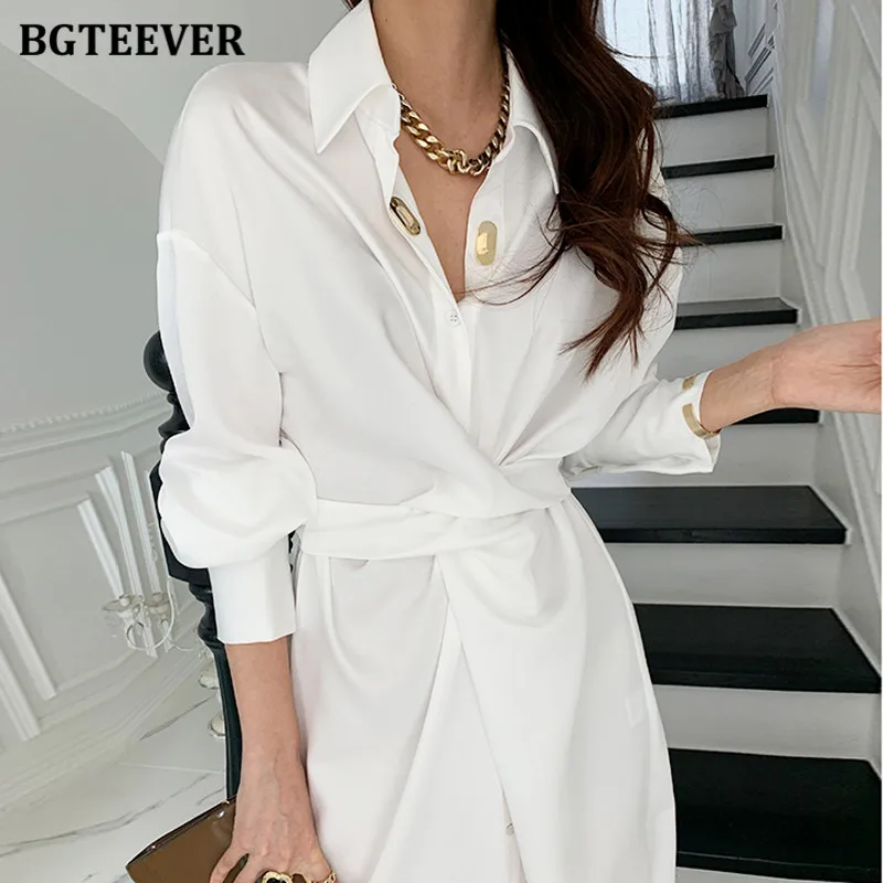 BGTEEVER Summer Turn-down Collar Women Midi Dress Full Sleeve Single-breasted Female Shirt Dress Ladies Side Split Solid Vestido