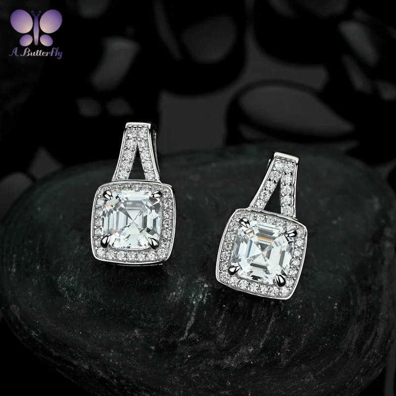 925 Sterling Silver 6*6MM Asscher Cut Very Shiny High Carbon Simulation Diamond Earrings Ladies Gifts