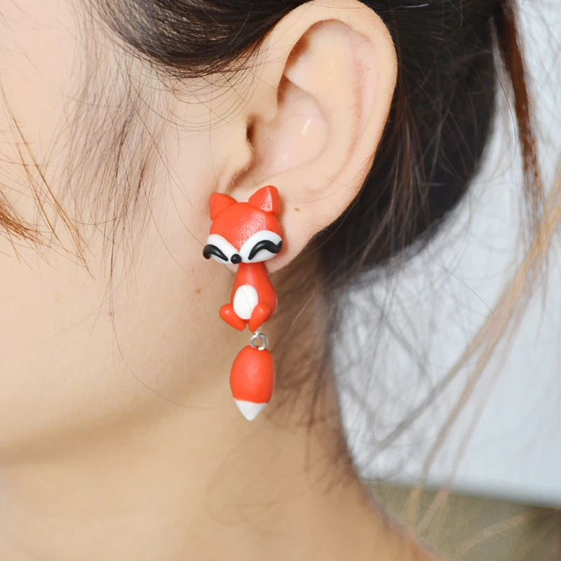 New Fashion Personality Acrylic Clay Animal Ear Studs Girl Cute 3D Cartoon Fox Cat Color Earrings Women Handmade Jewelry Gifts