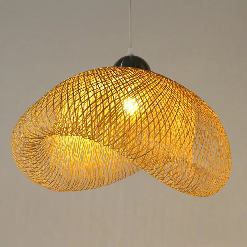 Handmade Bamboo Pendant Light Vintage Wicker Rattan Wave Shade LED Chandelier for Dining Room Bedroom Indoor Lamp