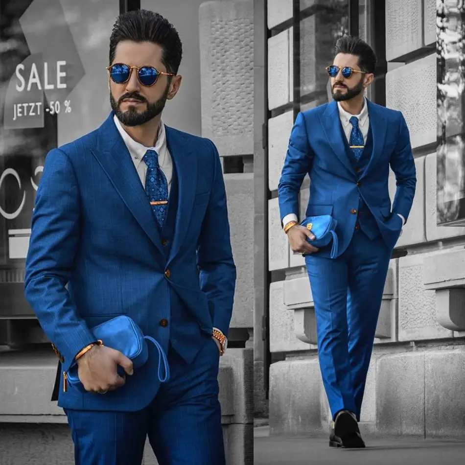 Trajes de doble botonadura para hombre, esmoquin de diseño para boda, con solapa de pico, color azul, tres piezas