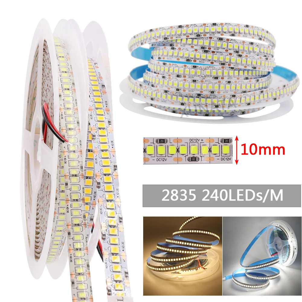 Tira de luces LED Flexible para decoración de habitación, cinta de diodo resistente al agua IP65 de 5M, 12V, 2835 LED, 60/120/240 LED/M, blanco