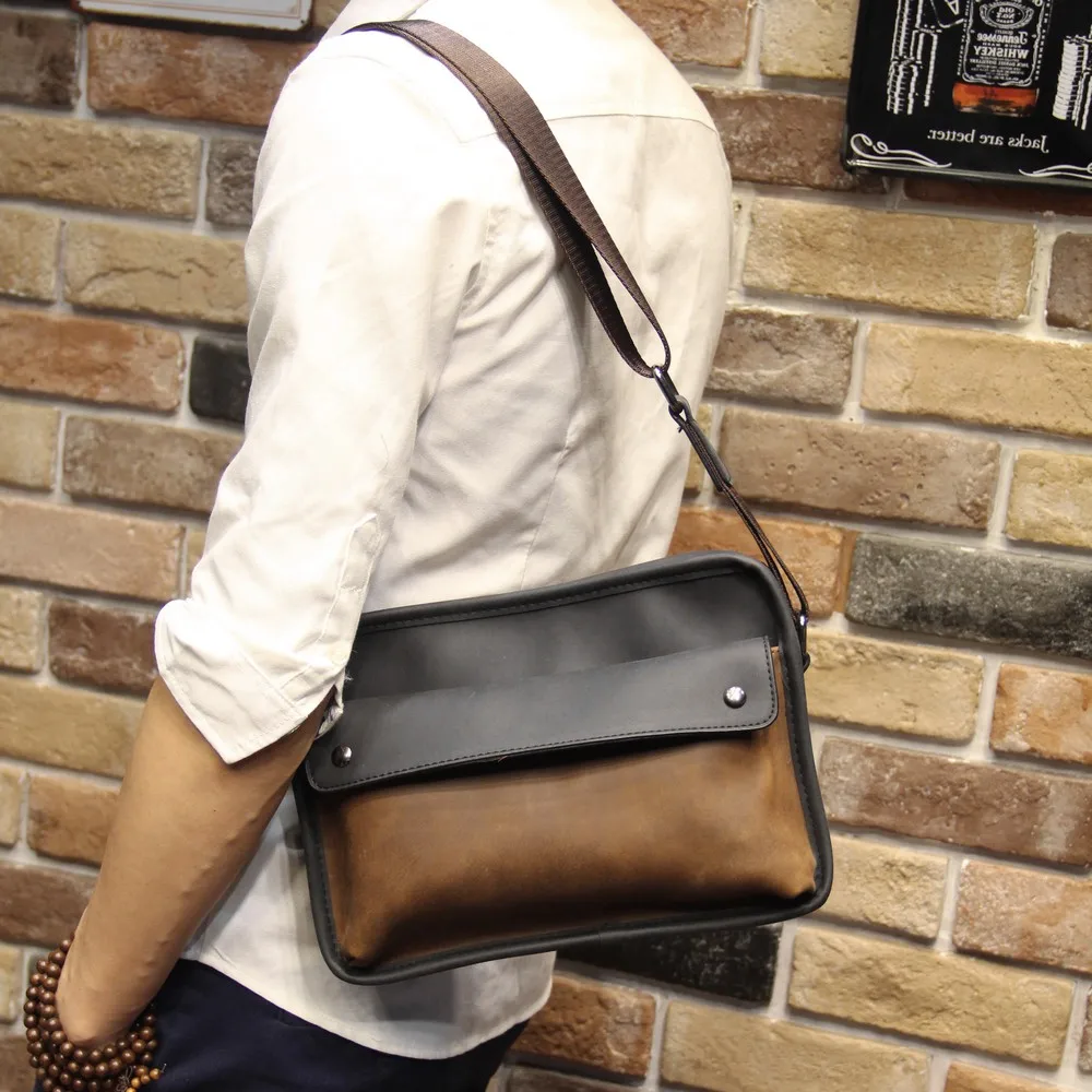 

New Casual Crazy Horse PU Leather Men Bag Small Shoulder Bag Vintage Design Handmade Zipper Style Messenger Bag Handbags for Men