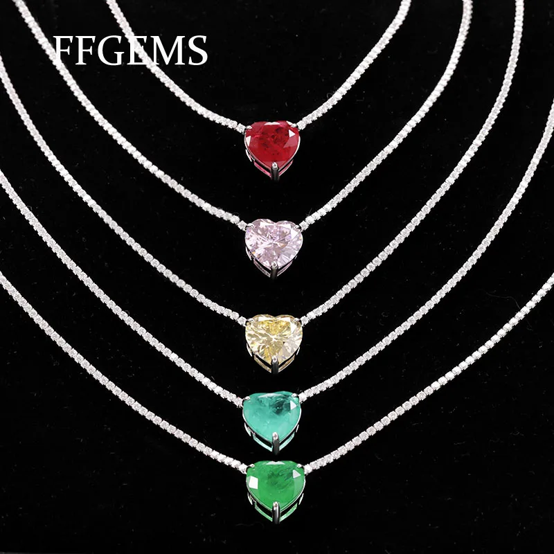 FFGem Sterling Silver 925 Tennies Necklace Choker simple Heart Gemstone Emerald Diamond White Gold Women Fine Jewelry Party Gift