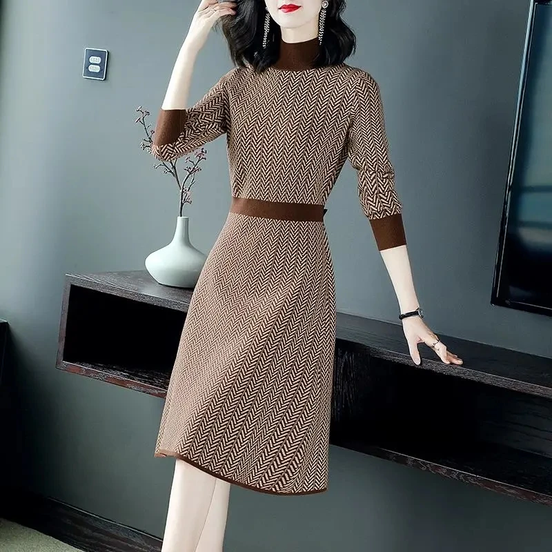 Women\'s Sweater Dress New Autumn Winter Half Turtleneck Pullover Mid-length Knitted Dress Office Female Jumper Sweater Dresses