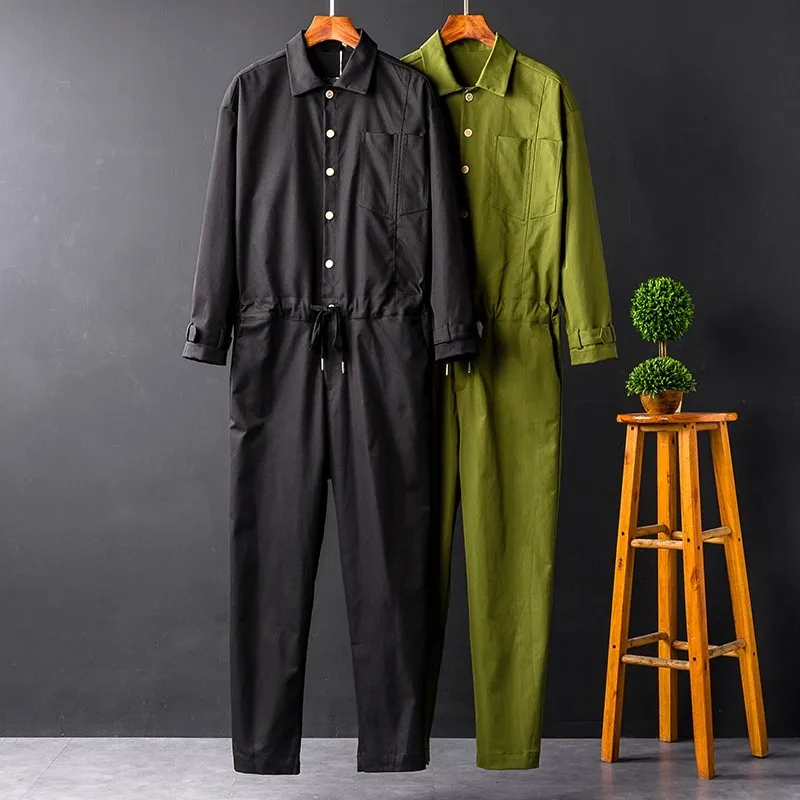 Harajuku Mens Casual Loose Fit Jumpsuits Long Sleeve Single Breasted Top Drawstring Waist Full Length Pants Male Cargo Overalls