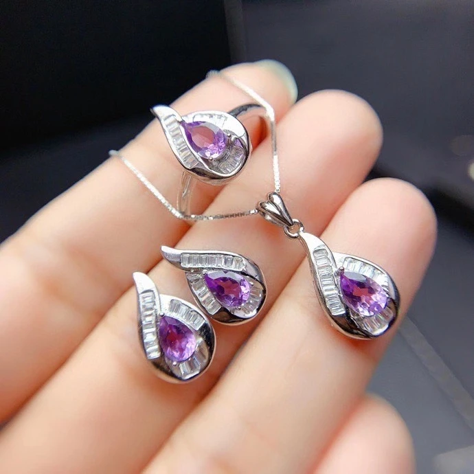 

2021 fashion natural purple amethyst jewelry set including stud earrings ring necklace real 925 silver girl party gift Aquarius