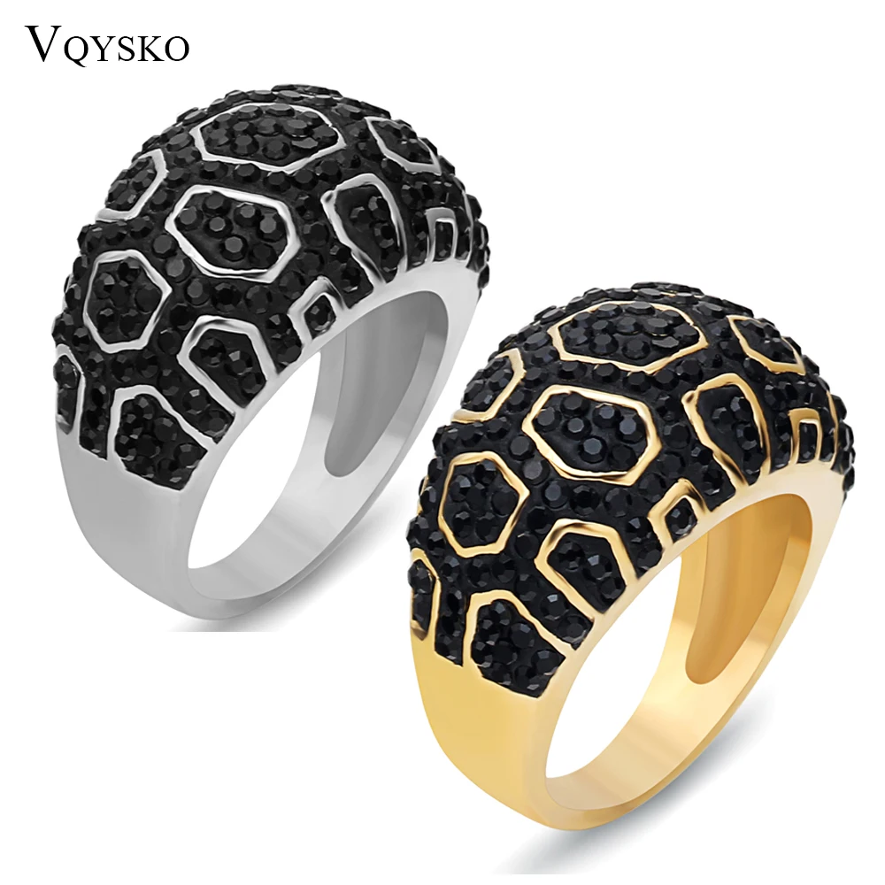 Genuine Gold Color Black Crystal Rings Wedding Brand Fashion Stainless Steel Jewelry Ring for Women