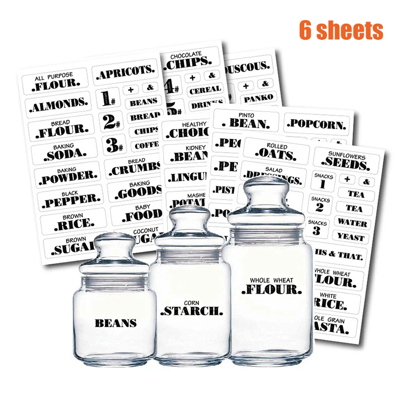 Farmhouse Pantry Labels 6 Sheets Transparent Waterproof Pantry Stickers Food Jar Labels for Pantry Organization CLH@8