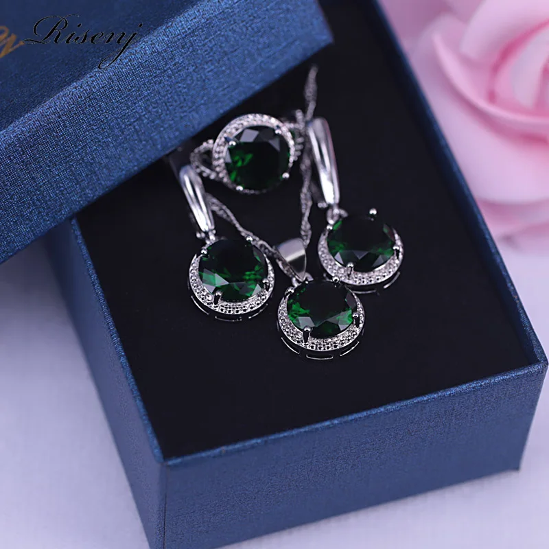 A memorable gift Top Quality Silver Color Jewelry Earrings Necklace Ring Set For Women Green Stone Bridal Jewelry Set