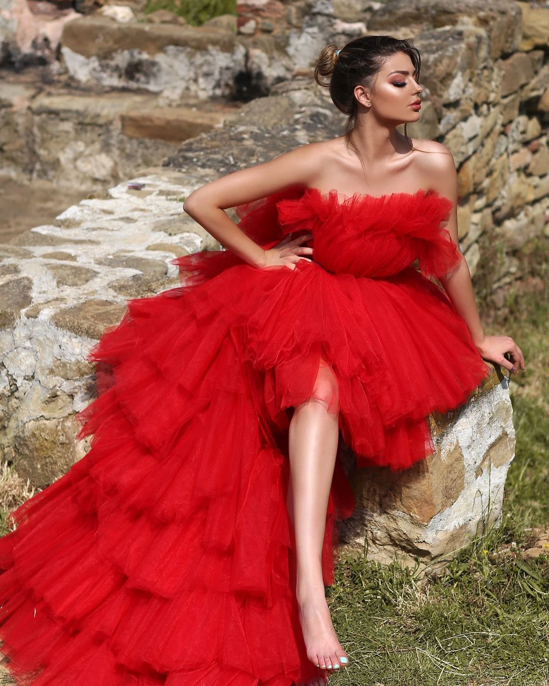 Vestidos de baile vermelho elegante sem alças alta baixa tule vestido de noite andar vestido com trem coleções vestido de festa de casamento