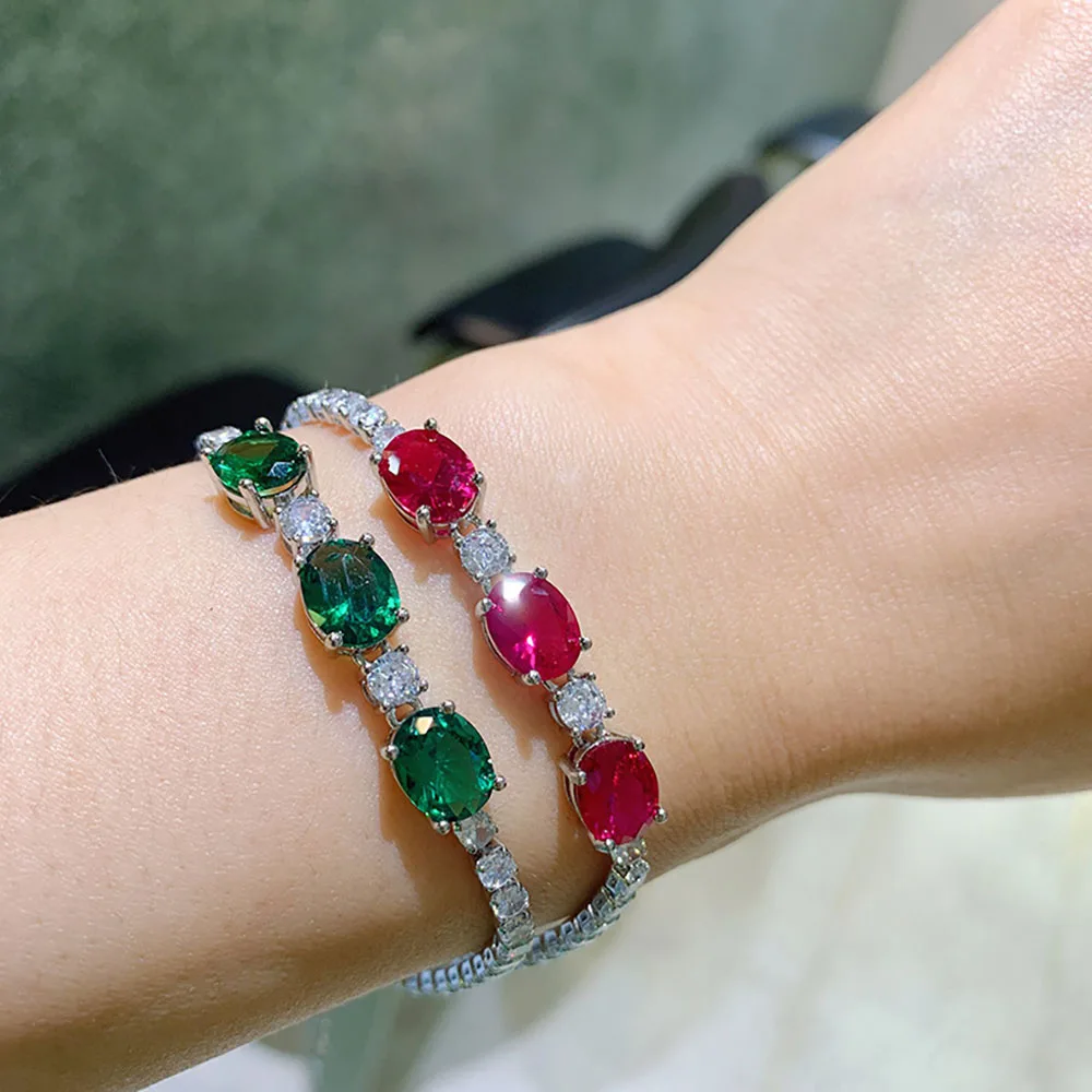 2021 New 7*9mm Aquamarine Stone Emerald Ruby Lab Diamond Strand Bracelet for Women Gemstone Party Fine Jewelry Anniversary Gift