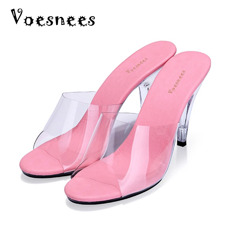 

4 Color Shoes Woman Summer Sandals Slippers Sexy High - heeled Shoes 10cm Model Catwalk Transparent Crystal Slippers Plus-size