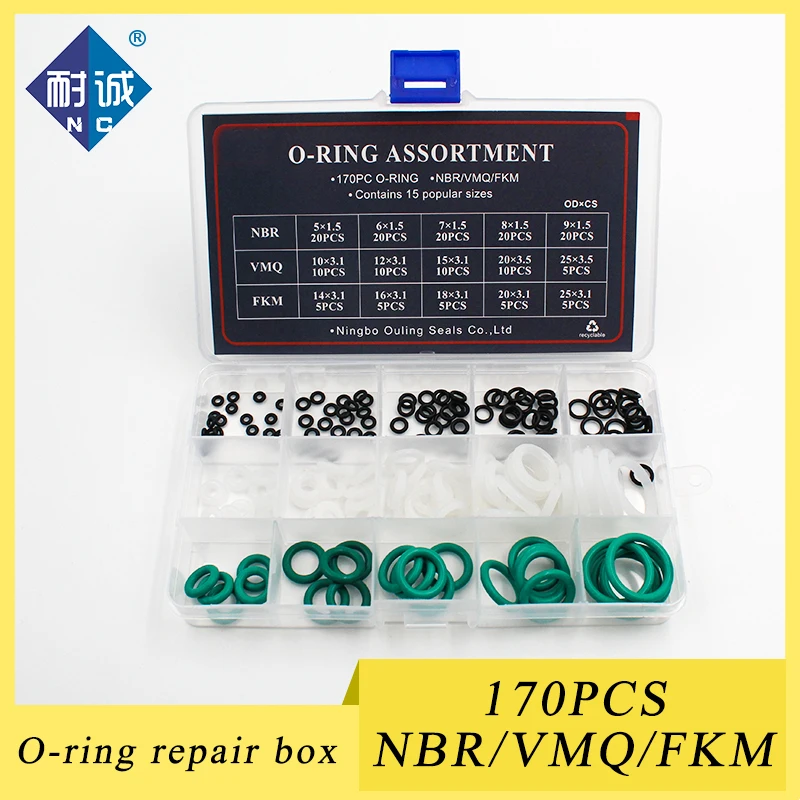 

170pcs Mixed White Silicon Green FKM NBR O-Rings Rubber 15Sizes O ring Silicone Seal Gasket Ring Assortment Set Kit Box O ring