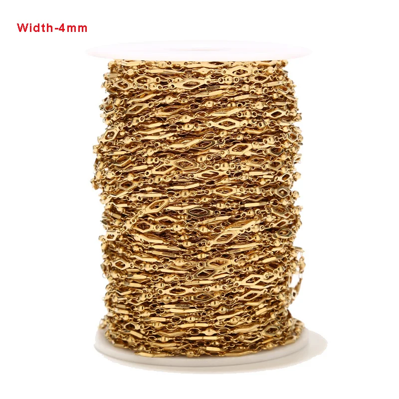 1Meter 4mm Width Gold Tone Stainless Steel Curb Chains Rhombus And Ball Beads Link Twisted Chains For DIY Jewelry Making New