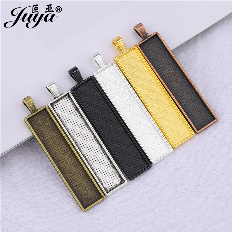 5/10pcs 10x50mm Cabochon Tray Bezel Pendant Base 45cm Chains Black Leather Rope Lobster Clasp Necklace Charms DIY Jewelry Making