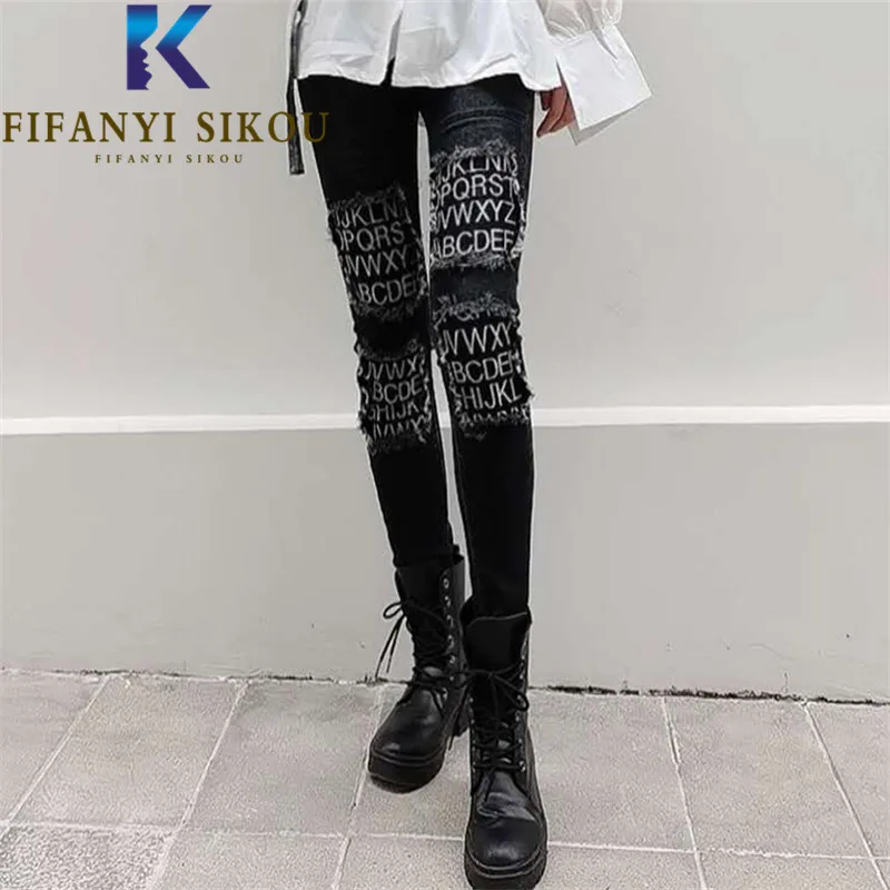 

Black Jeans Women Letter Embroidery Washed Jeans Streetwear Fashion High Waist Stretch Jeans Slim Denim Pencil Pants Female
