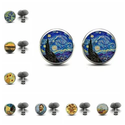 fashion Van Gogh Painting Stud Earrings art The Starry Night Ear Studs Van Gogh Sunflowers Round Jewelry Glass Dome Earrings