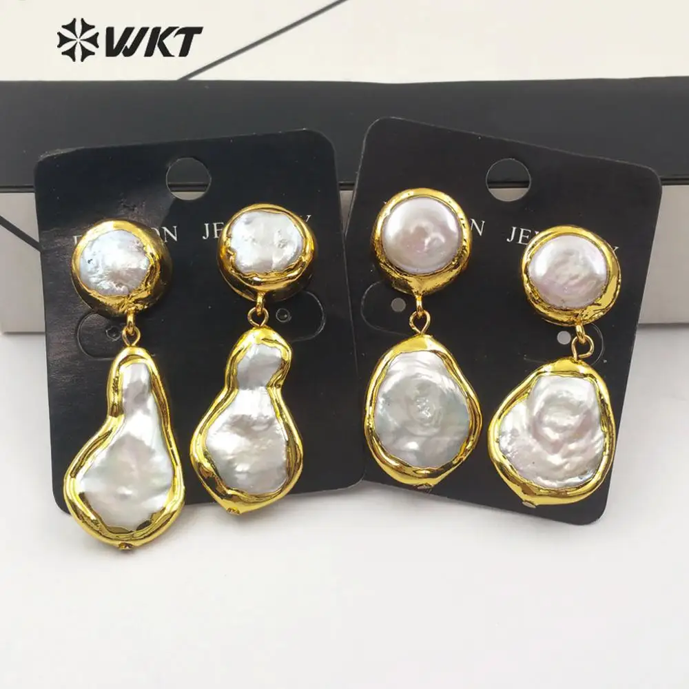 

WT-E560 Natural Freshwater Pearl Earring Irregular Shape Pearl Drop Earring With Gold Electroplated Pear Earring